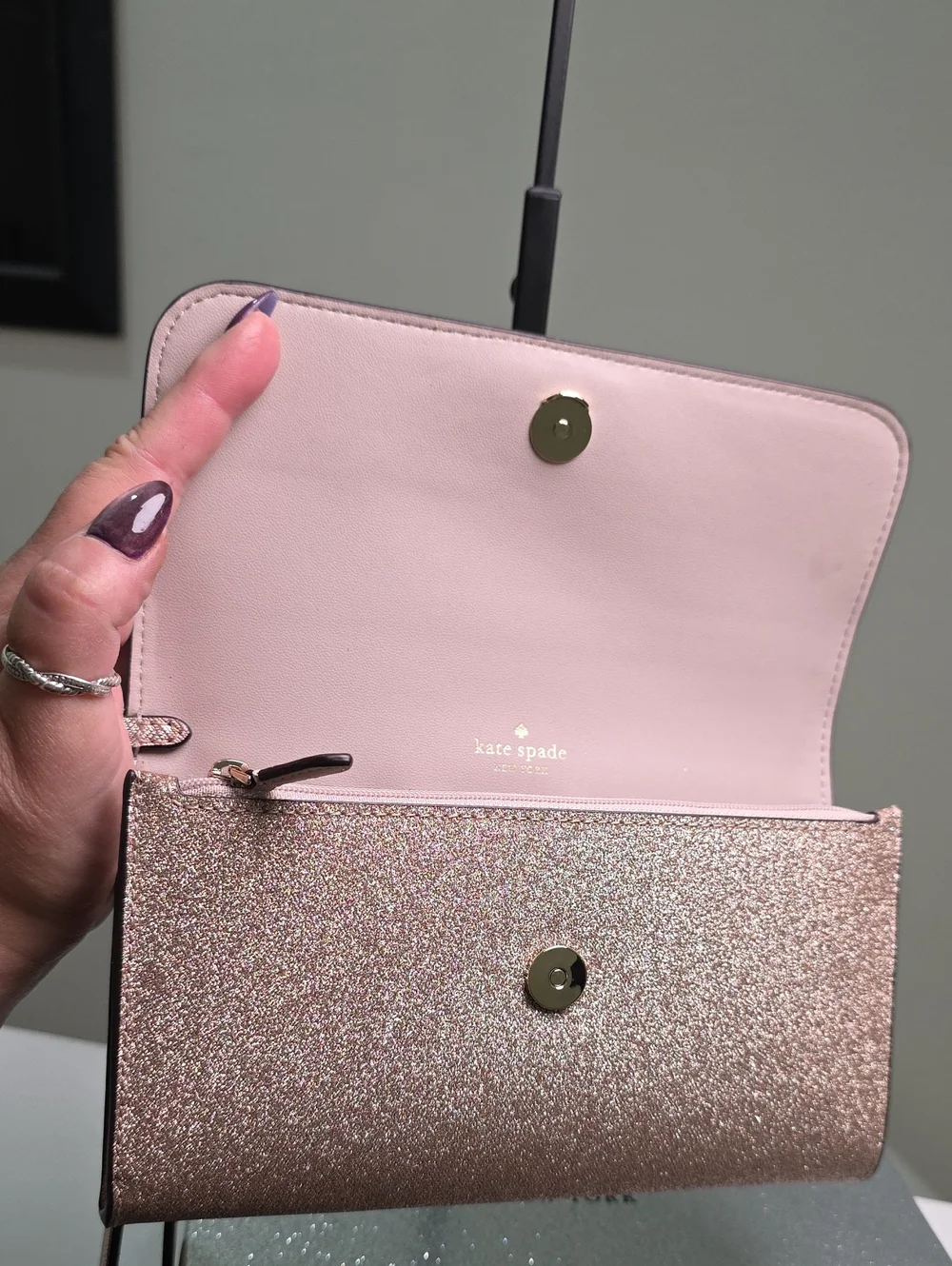 Kate Spade New In Box Rose Gold Glitter Medium Flap Phone Wristlet NWT